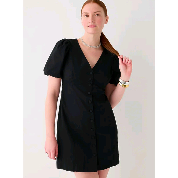 NWT J.Crew Black Cotton Button-front Puff-sleeve Mini Dress BP874, size 10 - Picture 1 of 11
